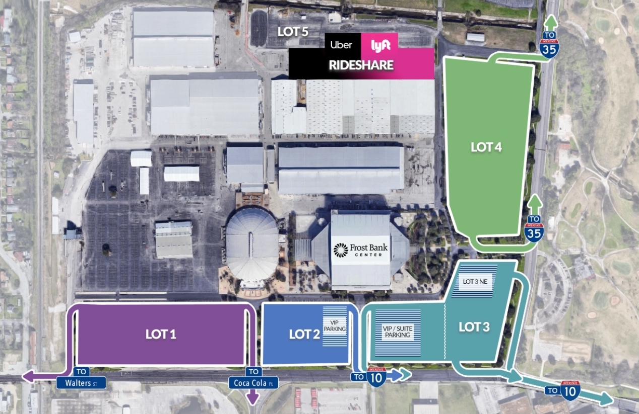 Frost Bank Center parking and rideshare pickup map showing Uber/Lyft staging area, Lots 1-5, and exits to I-35 and I-10